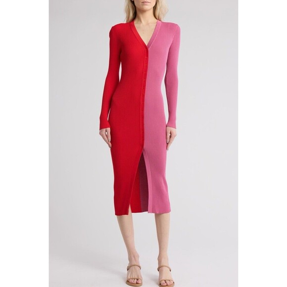 STAUD Shoko Colorblock Lurex Ribbed Long Sleeve Sweater Dress Medium Lava Peony - Picture 1 of 10